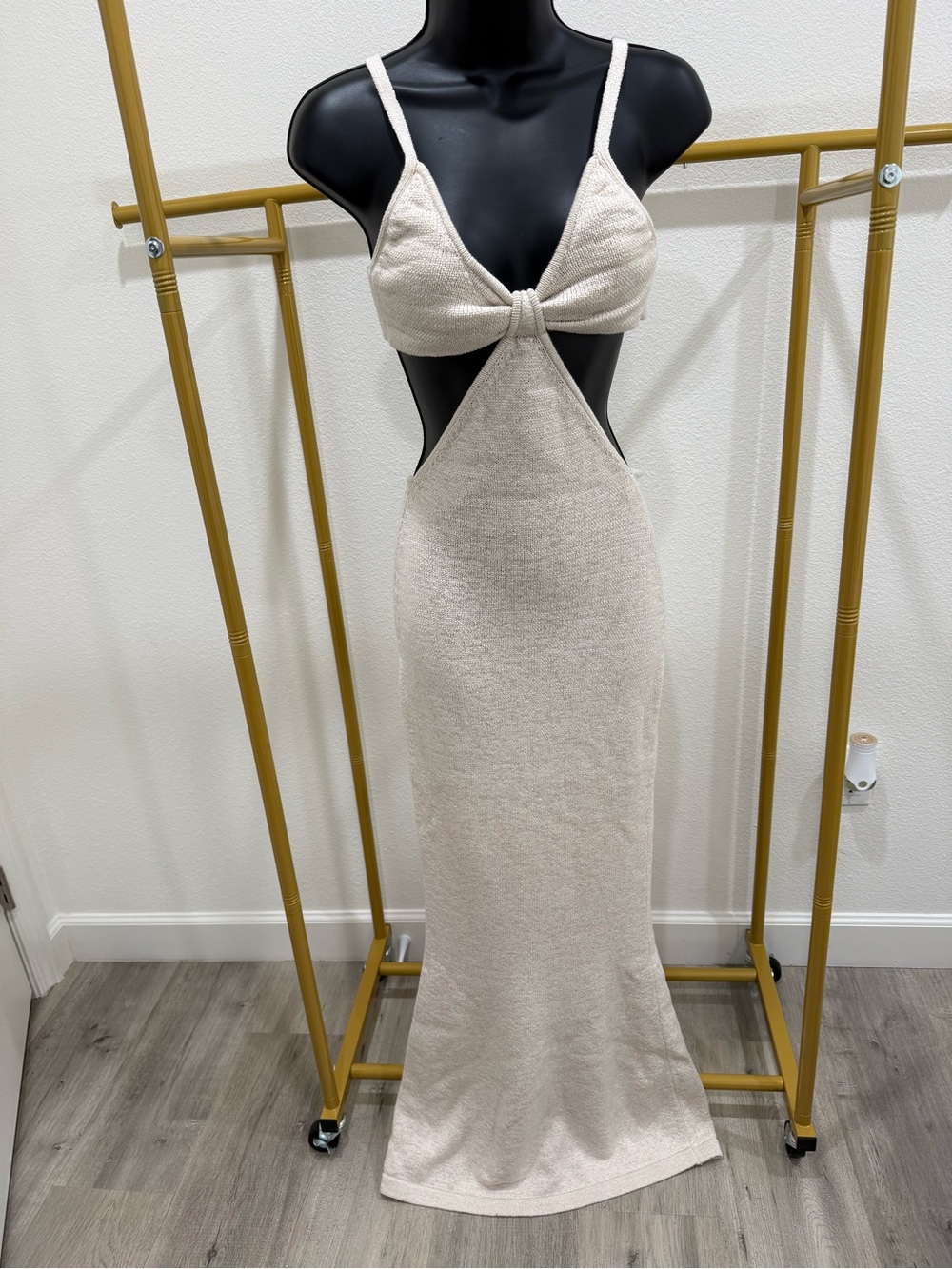 cult gaia Cream Cutout Knit Maxi Dress with Knotted Front